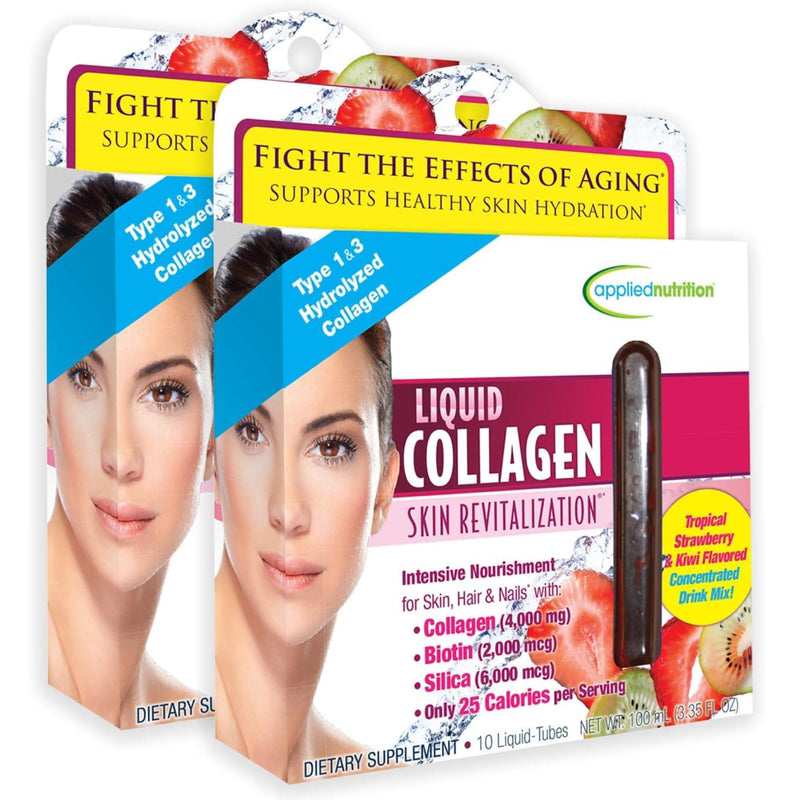 Applied Nutrition Liquid Collagen Skin Revitalization Drink (2 Pack) | Healthy-Looking Skin | 4,000 mg Collagen + Biotin + Silica | Strawberry Kiwi Flavor Collagen Drink | 2 X 10 Liquid Tubes