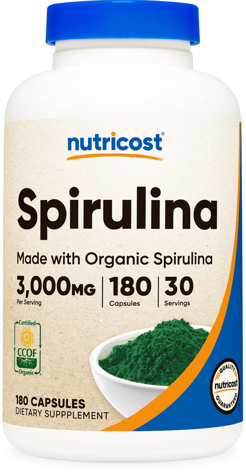 [Australia] - Nutricost Spirulina 3,000mg, 180 Capsules - CCOF Certified Made with Organic Spirulina, Gluten Free, Vegetarian 180 Count (Pack of 1) 