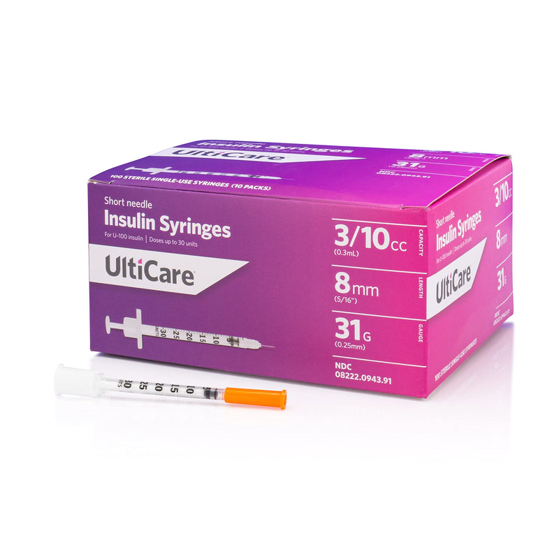 [Australia] - UltiCare U-100 Insulin Syringes, Comfortable and Accurate Dosing of Insulin, Compatible with Any U-100 Strength Insulin, Size: 3/10cc, 31G x 8mm, 100 ct Box 