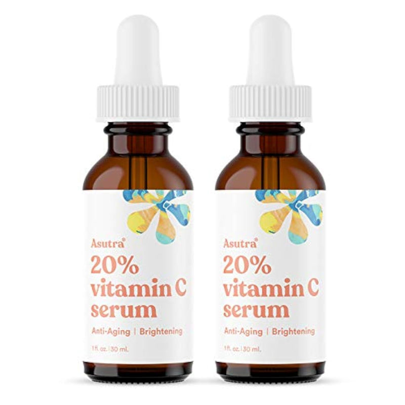 ASUTRA 2 Pack 20% Vitamin C Serum, 1 fl oz (Pack of 2) (1 Fl Oz) | Ferulic & Hyaluronic Acid, Vitamin E, Aloe, Jojoba, Brightening Face Serum 1 Fl Oz (Pack of 2)