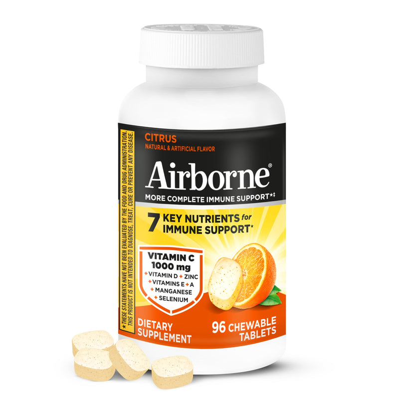 Airborne Vitamin C 1000mg (per Serving) - Citrus Chewable Tablets (96 Count in a Box) - Packaging May Vary | Antioxidants Vitamins A, D & E + Zinc, Selenium, and Manganese, Herbal Blend, Multivitamin Supplements, Immune Health, Tasty 96 Count (Pack of 1)