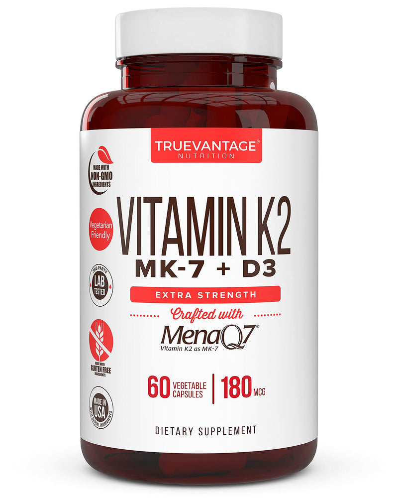 TrueVantage Vitamin K2 MK-7 180 mcg + D3 5000 IU-60 Servings | Supports Bone & Cardiovascular Health, MenaQ7, Vegetable Capsules