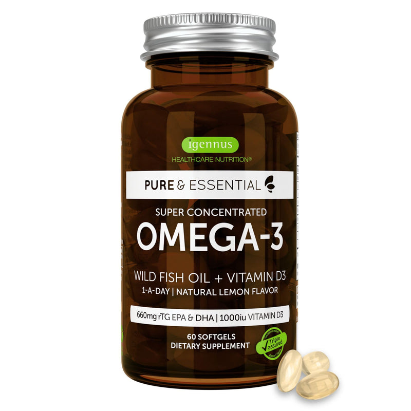 Igennus Ultra Pure Omega-3 rTG, IFOS Certified Wild Fish Oil & Vitamin D3 | Complete 1-a-Day Omega-3 & D3, 660mg EPA & DHA Plus 1000 IU D3, Fast-Acting Triglyceride Form, Non-GMO, 60 Softgels 60 Count (Pack of 1)
