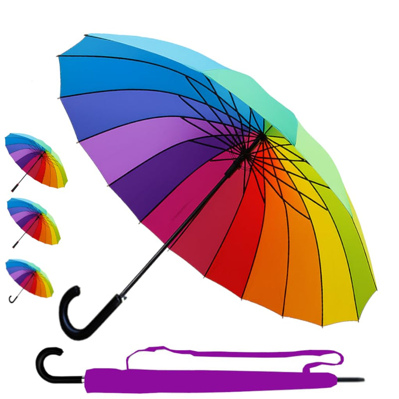 16 Rib - Extra Strong - Windproof Strong Rainbow Umbrella - Automatic | Triple Layer Reinforced Frame with Fiberglass - Heavy Duty - Large Straight Auto Umbrella - Bright Multicolored Canopy
