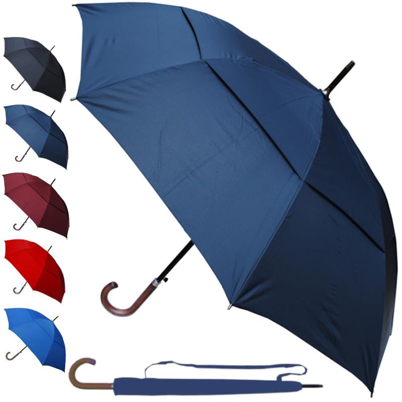 Extra Strong - Windproof Large Strong Umbrella for Rain and Wind - Vented | Double Canopy - Auto - Heavy Duty - Solid Wood Hook Handle - Golf Navy Blue