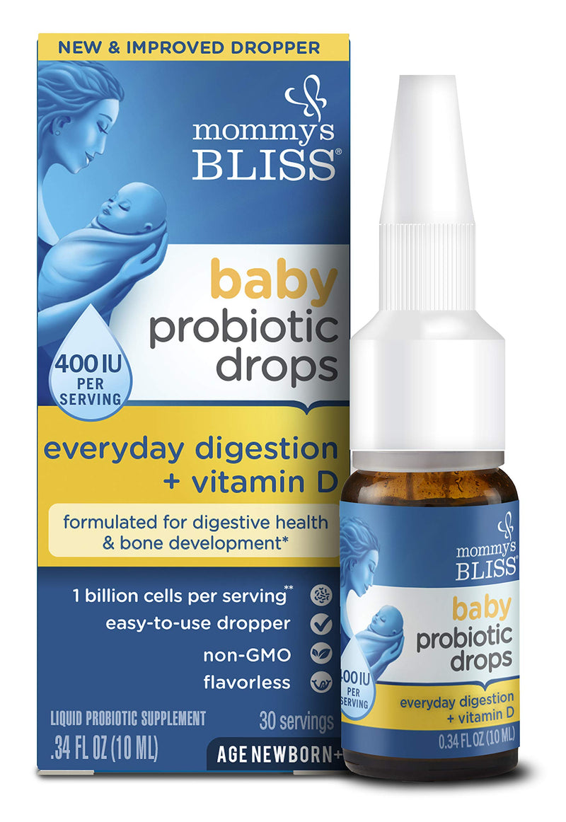 [Australia] - Mommy's Bliss Baby Probiotic Drops + Vitamin D, Supports Digestive Health and Immunity, 400IU Vitamin D for Healthy Bone Development, Newborns +, Flavorless, 0.34 Fl Oz (30 Servings) 