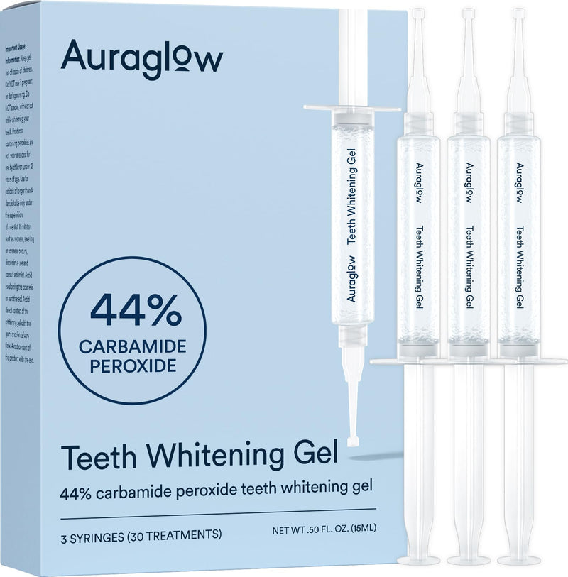 Auraglow 44% Teeth Whitening Gel for Trays, Retainers & Aligners – Dentist Strength Carbamide Peroxide Whitener, 30 Treatments, 3 Syringes (5mL) Mint 0.5 Fl Oz (Pack of 1)