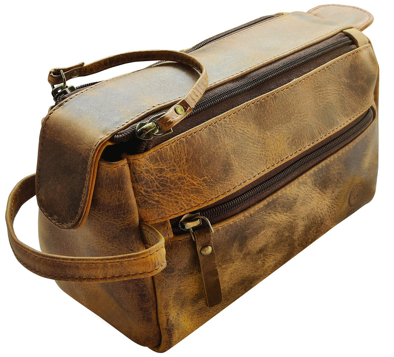 Rustic Town Leather Wash Bag for Men - Travel Toiletry Bag - Shaving Dopp Kit Toiletries Organizer - Leather Makeup Bag for Women | Main Compartment, Interior & Exterior Zip Pockets, YKK Zippers, Waterproof Lining; TSA Carry-On; Gifts for Him, Brown