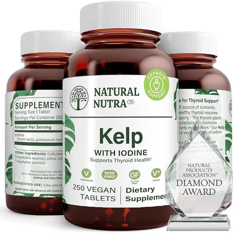 [Australia] - Natural Nutra Kelp Iodine Thyroid Support Supplement, Strengthens Immune System, and Regulates Metabolism, Vegan Sea Kelp, Non GMO, Atlantic Sourced Seaweed Extract, 225 mcg, 250 Tablets 250 Count (Pack of 1) 