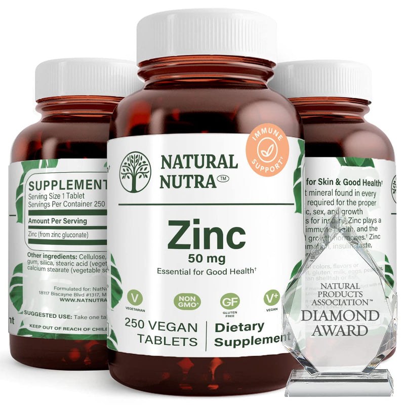 Natural Nutra Zinc Gluconate 50mg Supplement for Immune Support, Promotes Skin Health, Enhance Taste & Smell, Provides Ease from Cold & Flu, Boost Learning & Memory, Gluten Free 50mg 250 Vegan Tablets 250 Count (Pack of 1)