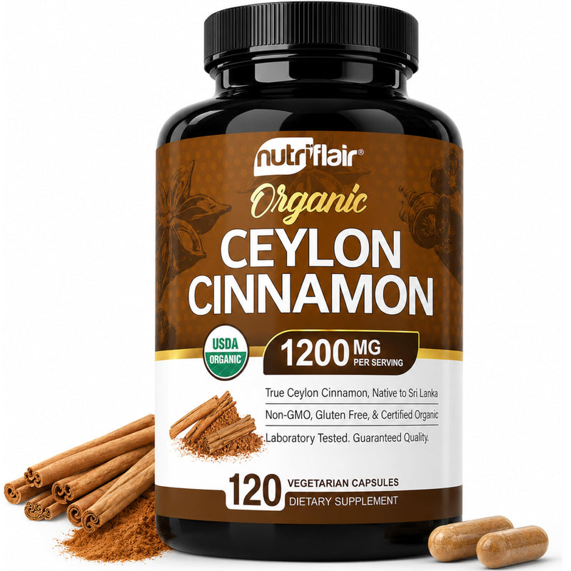 NutriFlair Organic Ceylon Cinnamon Supplement 1200mg, 120 Capsules - USDA Certified - Non-GMO, Gluten Free Powder, Antioxidant Pills 120 Count (Pack of 1)
