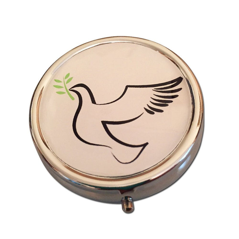 Dove with Olive Branch Round 3-Compartment Chrome Pill Box – Metal Travel Medicine Organizer for Pills, Vitamins, and Small Items – Durable Compact Pill Case
