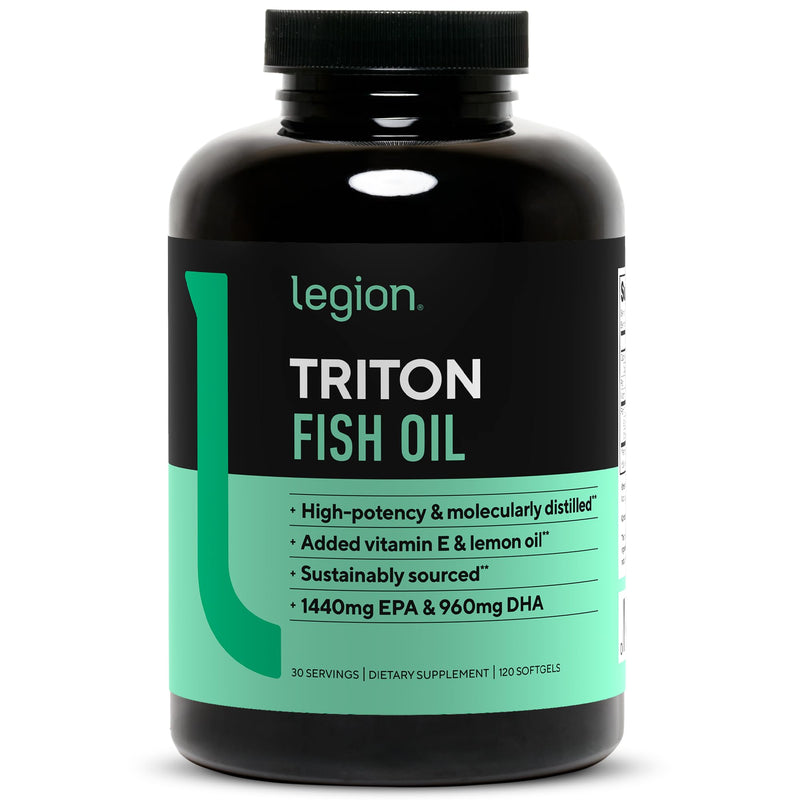 [Australia] - LEGION Triton Fish Oil Capsules - Triple Strength Omega 3 Essential Fatty Acids with Vitamin E & Lemon Oil for Maximum Absorption, Freshness & Purity - 2400mg EPA & DHA Per Serving, 30 Svgs 