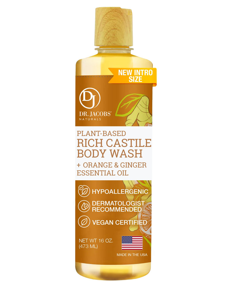 Dr. Jacobs Naturals Pure Castile Soap Liquid Body Wash, Orange & Ginger - Plant Based Soap Infused with Vitamin E & Aloe Vera to Moisturize Dry and Sensitive Skin - Made in The USA - 16 oz Orange-Ginger 16 Fl Oz (Pack of 1)