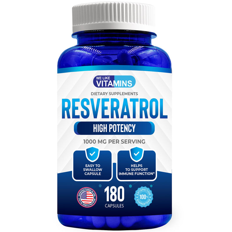 [Australia] - We Like Vitamins Resveratrol 1000mg per Serving - 180 Easy to Swallow Veggie Capsules - Natural Resveratrol Supplement 1000mg - Antioxidant Supplement Helps Support Anti-Aging and Immune System 180 Count (Pack of 1) 