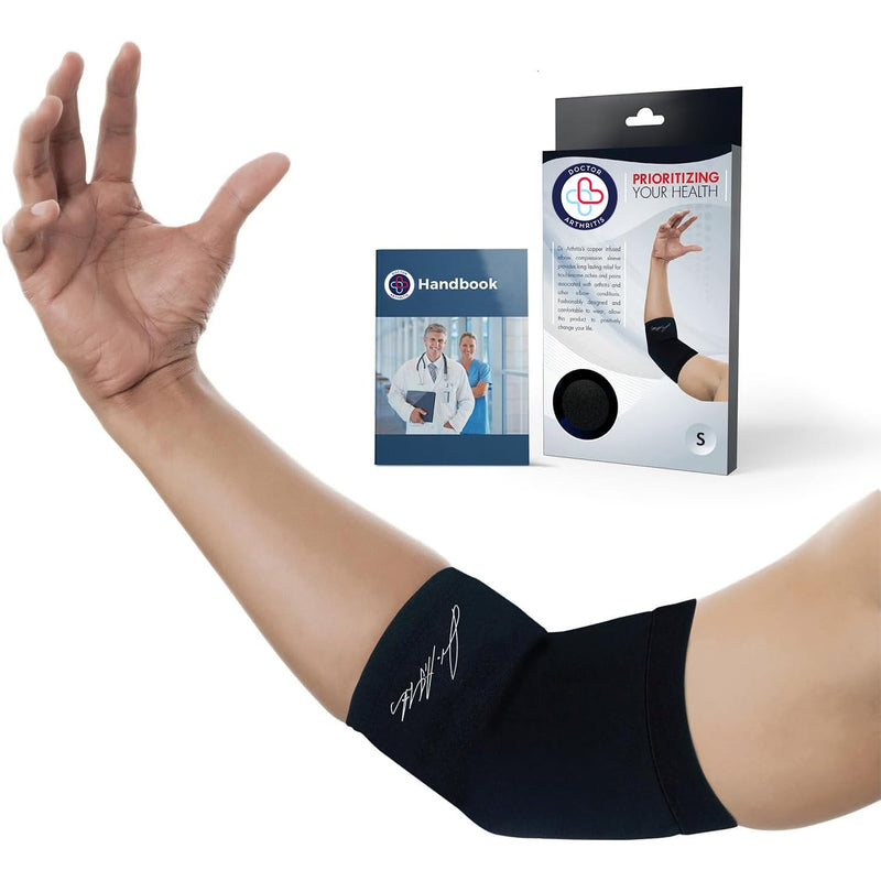 Doctor Developed Copper Elbow Support Sleeve and Handbook, Golfers Elbow, Arthritis, Elbow Compression & Support (Small (Pack of 1)) Black Small (Pack of 1)