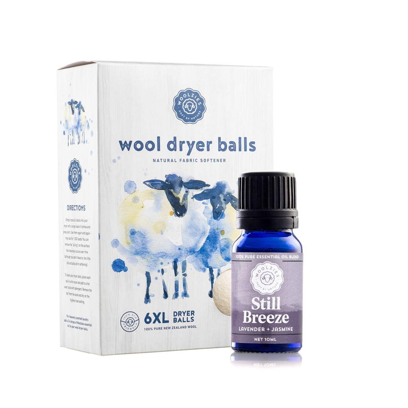 [Australia] - Woolzies Wool Dryer Balls Organic: 6 XL Laundry Balls for Dryer + 10 ml Still Breeze Essential Oil Combo for use as 100% Pure and Natural Fabric Softener | Best Scented Wool Balls Laundry 