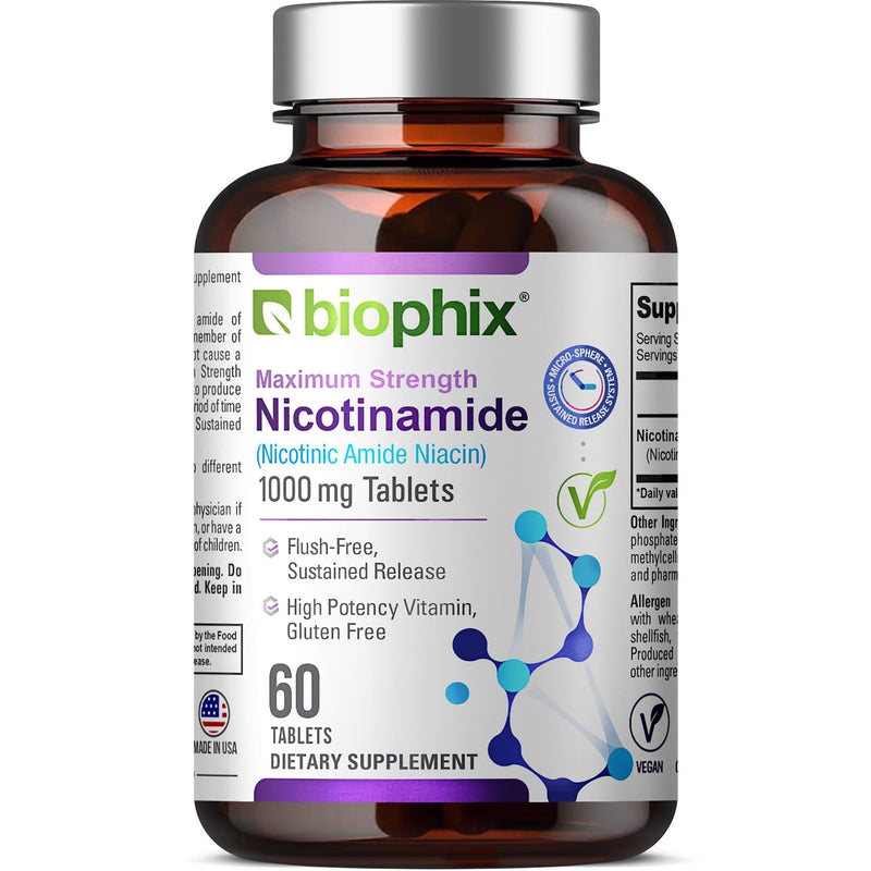 biophix B-3 Nicotinamide 1000 mg 60 Tablets Extra Strength Timed Release - Nicotinic Amide Niacin Natural Flush-Free Vitamin Formula - Supports Skin Cell Health
