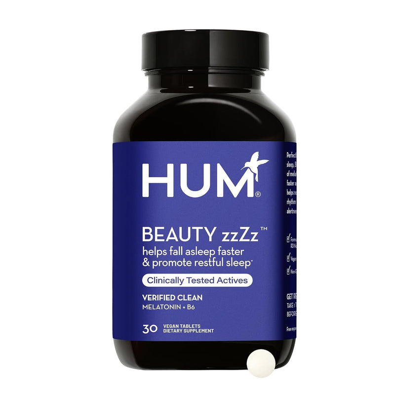 HUM Beauty zzZz Sleep Supplement Melatonin 3mg Vitamin B6 Calcium, 30 Count | Melatonin 3mg, Vitamin B6 & Calcium, Adults, Vegan, Gluten Free, Non-GMO, 30 Tablets