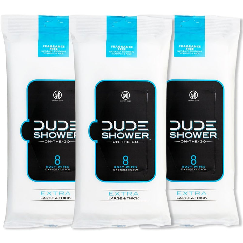 [Australia] - DUDE Wipes - On-The-Go Shower Wipes - 3 Pack, 24 Wipes - Unscented Extra-Large Wipes - Vitamin E & Aloe Full Body Shower Replacement Wipes 8 Count (Pack of 3) 