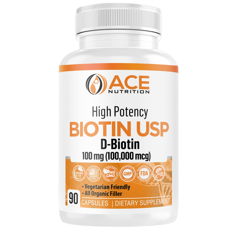 High Potency Biotin USP (D-Biotin 100,000mcg) - Superior Biotin, Organic Rice Flour, Vegetarian Capsules For Hair, Skin, & Myelin Health, Made in the USA (100mg/90 Capsules) 1