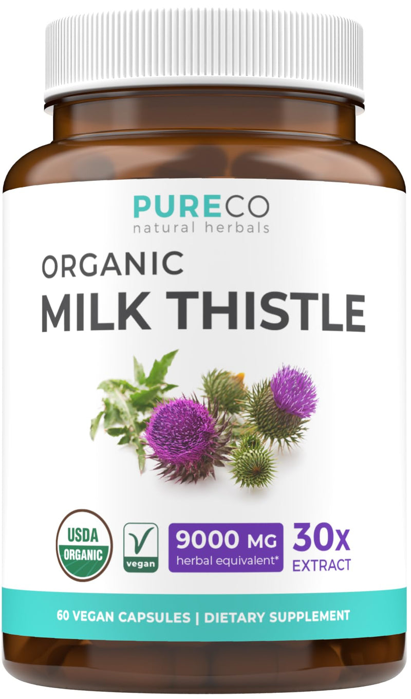 [Australia] - USDA Organic Milk Thistle Capsules - 80% Silymarin Supplement for Liver Support- Super Concentrated 300mg of 30:1 Milk Thistle Extract Equivalent to 9,000mg - Milk Thistle Liver Detox 60 Day Supply 60 Count (Pack of 1) 