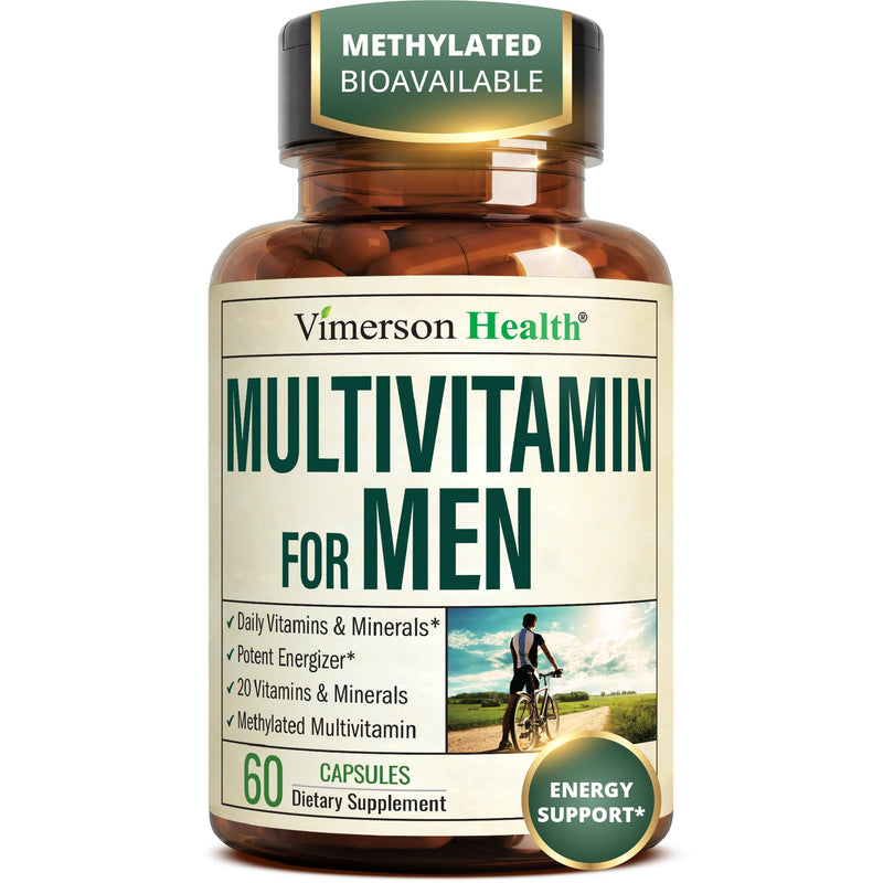 Vimerson Health Multivitamin for Men: Methylated B Vitamins, Chelated Minerals and Bioavailable D3 for Focus and Energy Support – Daily Mens Multivitamins and Multiminerals – 60 Capsules Men's Capsules