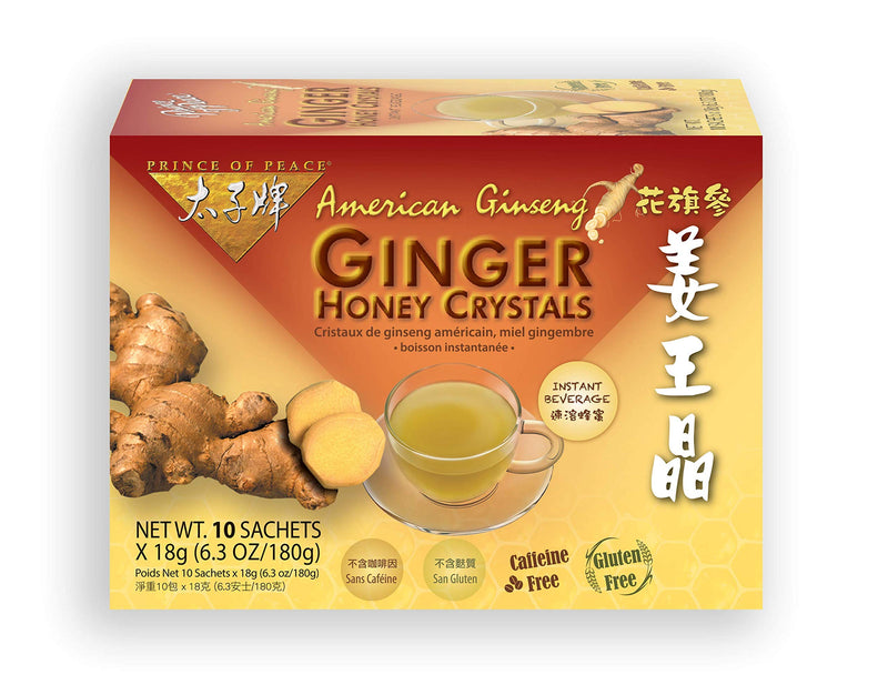 [Australia] - Prince of Peace Instant American Ginseng Ginger Honey Crystals, 10 Sachets – Instant Hot or Cold Beverage – Easy to Brew Ginger and Honey Crystals 