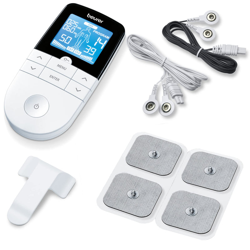 Beurer EM49 Digital TENS & EMS Device for Pain Relief and Muscle Stimulation, 15 TENS Programs, 35 EMS Programs, 2 Adjustable Channels with 4 Self-Adhesive Electrodes Blue