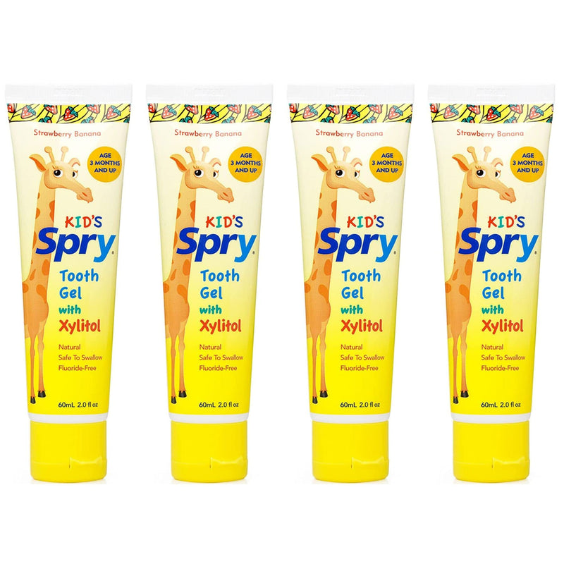 [Australia] - Spry Natural Xylitol Toothpaste for Baby, Toddler and Kids Age 3 Months and Up - Fluoride Free Tooth Gel, Tasty, Support Development of Emerging Teeth, Strawberry Banana 2 Fl Oz (Pack of 4) 2 Fl Oz (Pack of 4) 