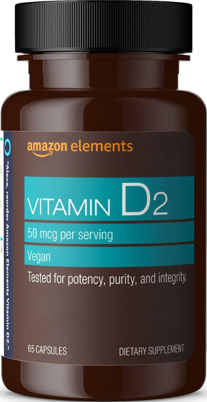 Amazon Elements Vitamin D2 2000 IU, Vegan, 65 Capsules, Supports Strong Bones and Immune Health, 2 month supply (Packaging may vary) 65 Count (Pack of 1)