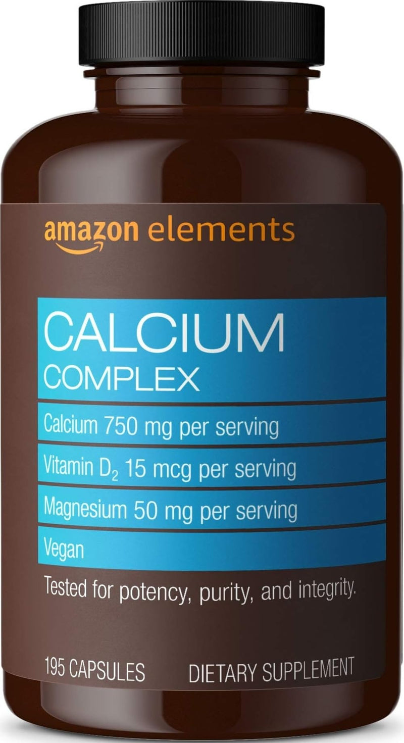 Amazon Elements Calcium Complex, 750mg, Vegan, With Vitamin D₂ and Magnesium, 195 Capsules Unflavored 195 Count (Pack of 1)