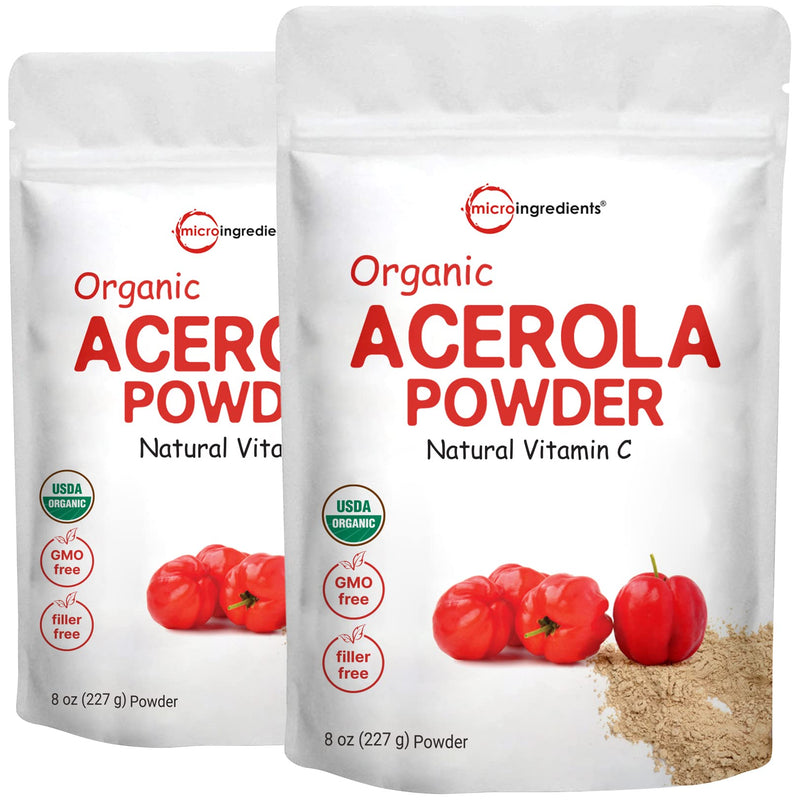 Micro Ingredients 2 Pack of Pure USDA Organic Acerola Cherry Powder, Natural and Vitamin C for Immune System, 8 Ounce, No GMO, No Gluten, Brazil Origin