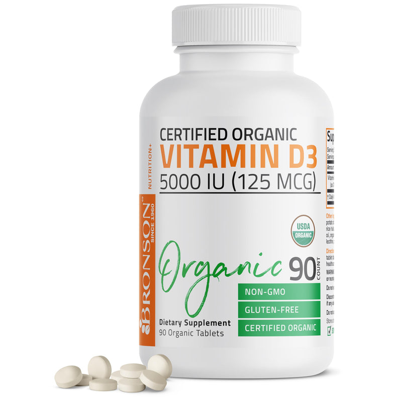 Bronson Vitamin D3 5,000 IU (125 mcg), USDA Certified Organic, 90 Tablets | Bone, Muscle, Immune & Nervous System Support, Non-GMO, Gluten-Free, Soy-Free, Wheat-Free & Nut-Free 90 Count (Pack of 1)