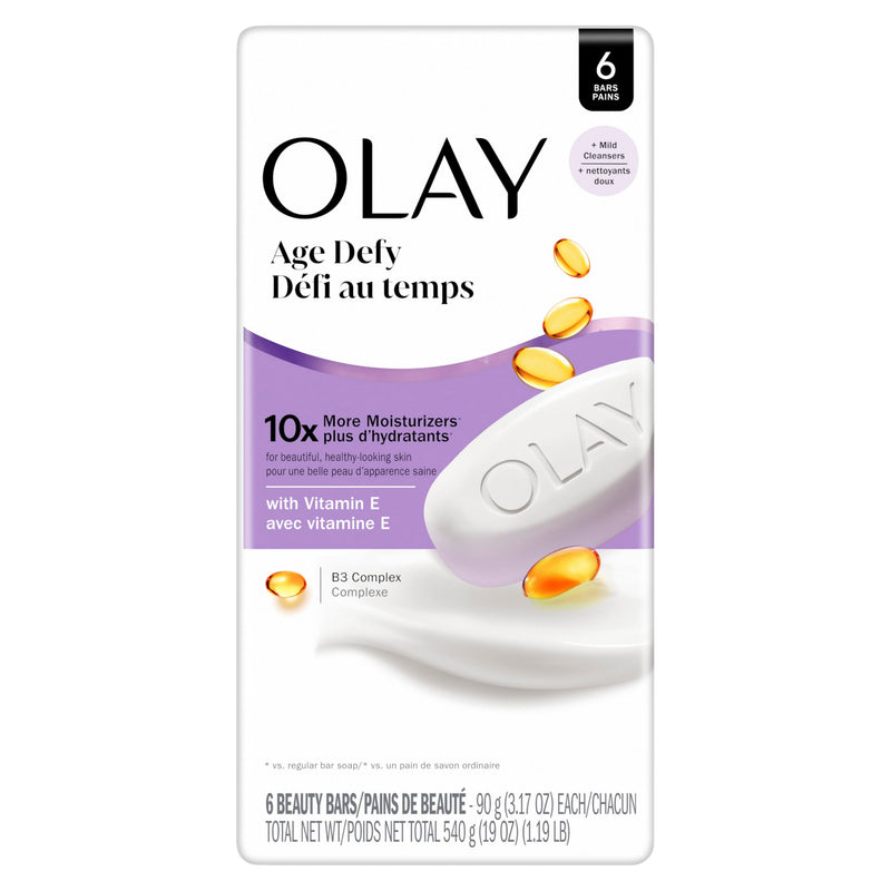 Olay Beauty Bar, Age Defying, 10x More Moisturizers, Smooth & Gentle on Skin, Vitamin E & Vitamin B3 Complex, For All Skin Types, Shea Butter Scent, 3.17 oz, (Pack of 6) 3.17 Ounce (Pack of 6)