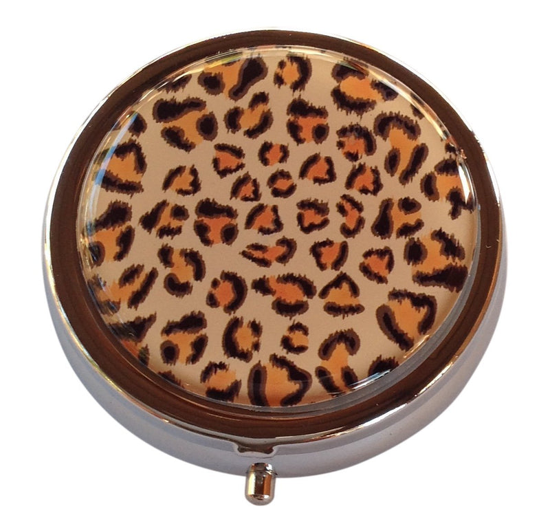 Leopard Print Round 3-Compartment Chrome Pill Box – Metal Travel Medicine Organizer for Pills, Vitamins, and Small Items – Durable, Compact Pill Case