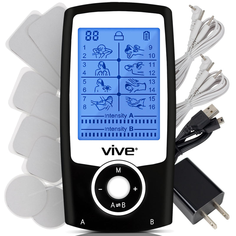 Vive Tens Unit Muscle Stimulator- Stim Machine with Self Sticking | Electrodes Pads, Massager for Upper & Lower Back, Sciatica, Neck Pain Relief, Electric Shock Therapy for Muscles & Pain Black