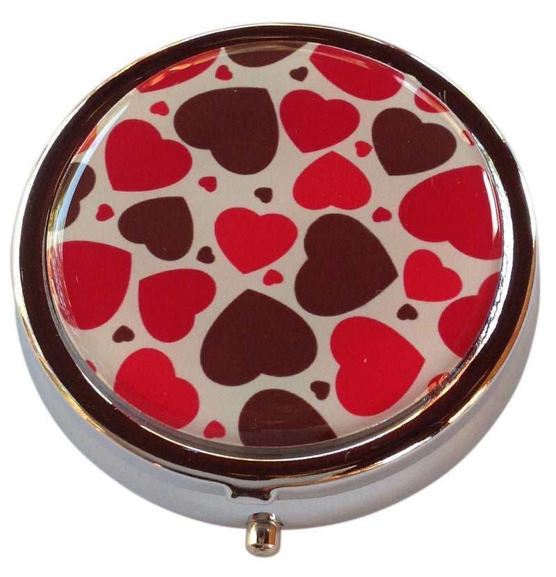Red Hearts Silver Pill Box – Round 3-Compartment Metal Pill Organizer, Compact 2-Inch Travel Pill Case for Purse or Pocket
