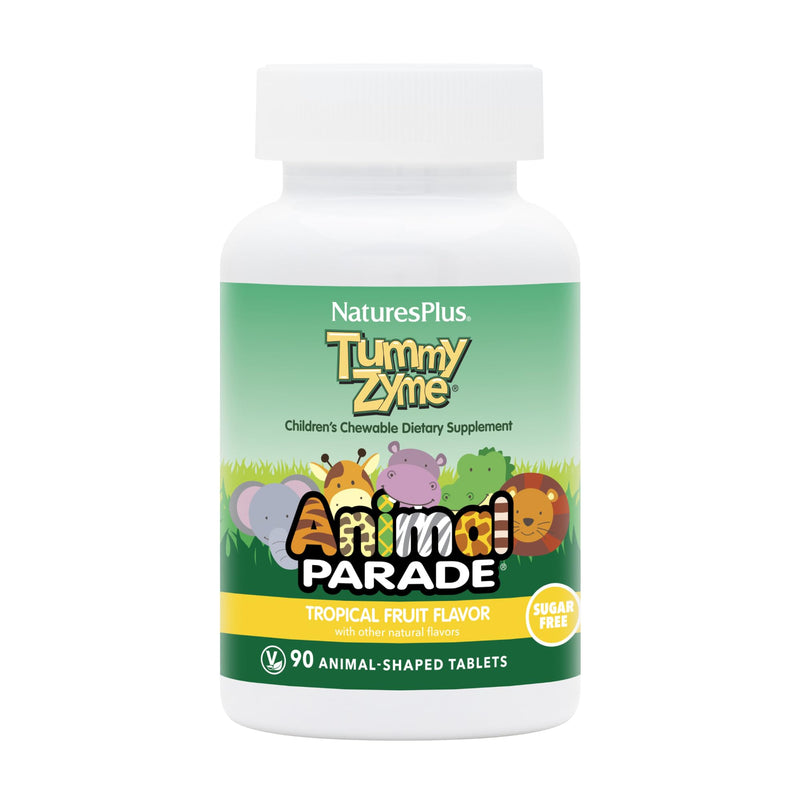 NaturesPlus Animal Parade Tummy Zyme, Tropical Fruit Flavor - 90 Animal-Shaped, Chewable Tablets - Pack of 2 - Digestive Aid & Probiotic - Vegetarian, Gluten Free - 180 Total Servings 90 Count (Pack of 2)