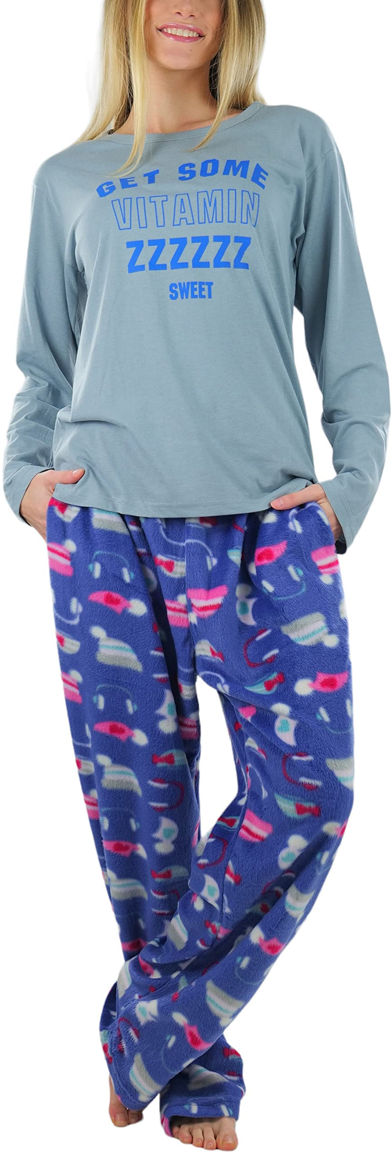 ToBeInStyle Women's Top and Drawstring Bottom Pajama Set X-Large Long Sleeve W/ Text - Get Some Vitamin Zzzzz