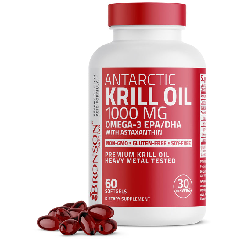Bronson Antarctic Krill Oil 1000 mg with Omega-3s, 60 Softgels | Heavy Metal Tested, with EPA, DHA, Astaxanthin and Phospholipids, Non-GMO, Gluten Free, Soy Free 60 Count (Pack of 1)