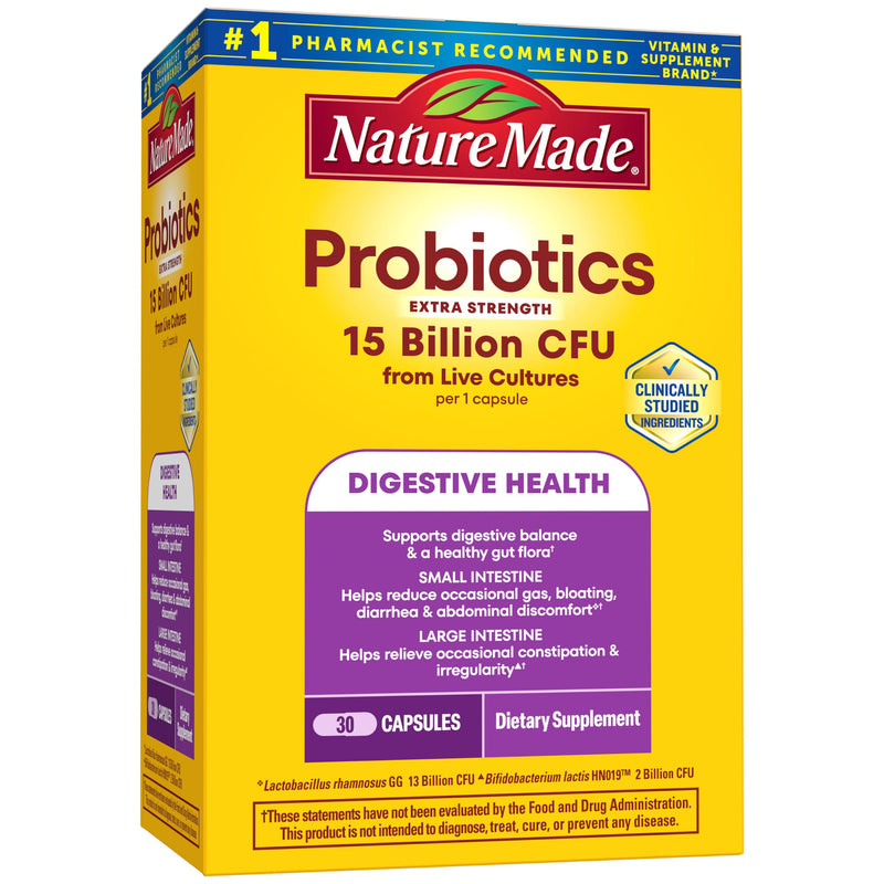 Nature Made Probiotics for Digestive Health, 30 Probiotic Capsules | Extra Strength, 15 Billion CFU from Live Cultures, Probiotics for Women and Men, No Refrigeration Required, 30 Day Supply Unflavored 30 Count (Pack of 1)