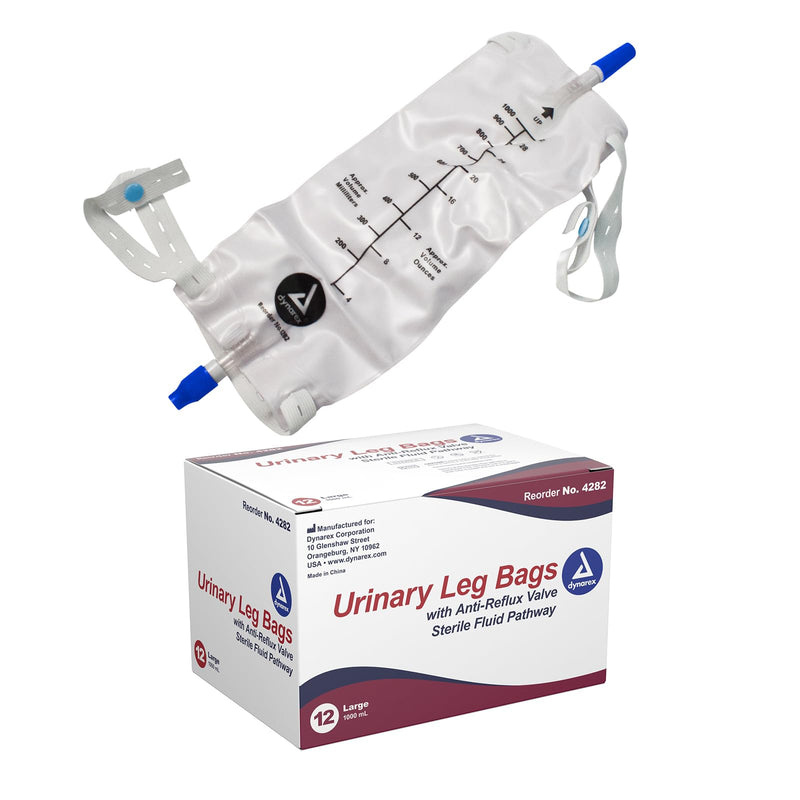 [Australia] - Dynarex Urinary Leg Bag, For Use with a Catheter, Has a Non-Drip Closure and Anti-Reflux Valve, Includes Easy-to-Use Straps, 1000 ml/20 oz Capacity, Medium, White, 1 Box of 12 Dynarex Urinary Leg Bags 
