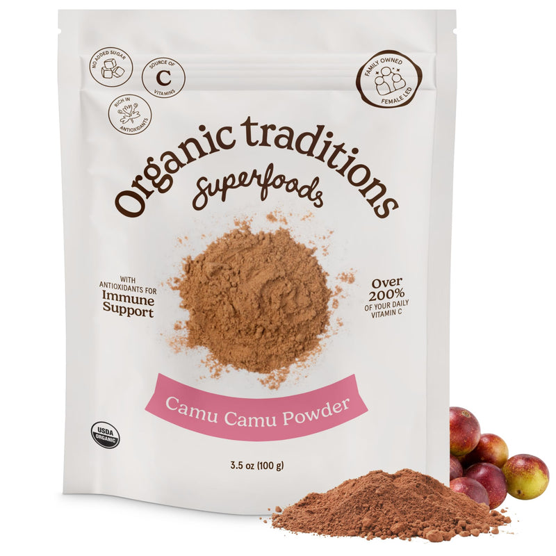 Organic Traditions Camu Camu Powder from Amazon Superfruit, Vitamin C 3.5oz | Rich in Wholefood Vitamin C, Bright Tangy Flavor, Plant Based Non GMO Ingredient, Great for Smoothies, Juices, and Recipes 100 Gram