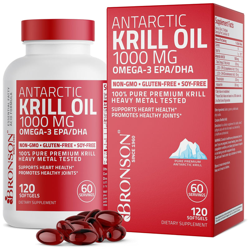 [Australia] - Bronson Antarctic Krill Oil 1000 mg with Omega-3s EPA, DHA, Astaxanthin and Phospholipids 120 Softgels 120 Count (Pack of 1) 