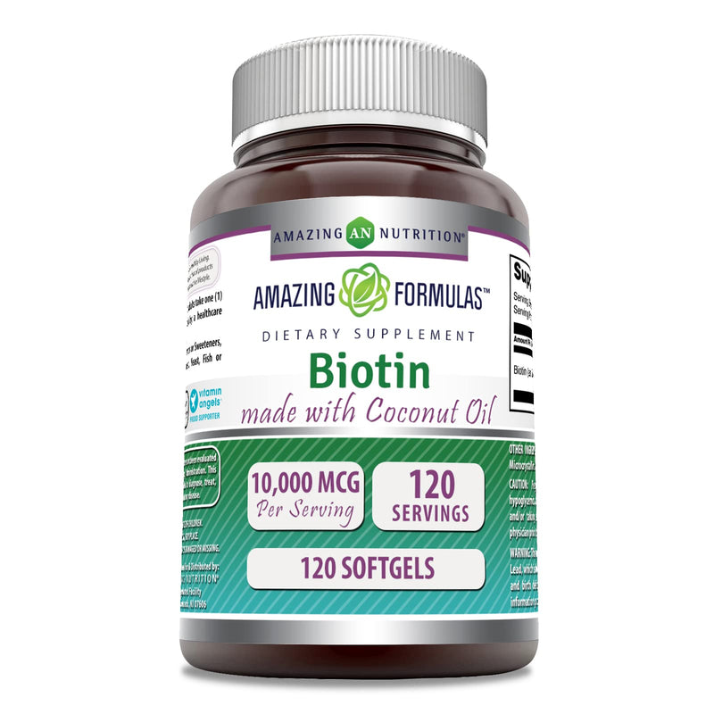 Amazing Formulas Biotin with Extra Virgin Organic Coconut Oil Supplement | 10000 Mcg | 120 Softgels | Non-GMO | Gluten-Free | Made in USA Unflavored 120 Count (Pack of 1)