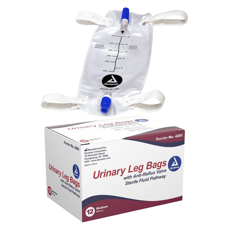 [Australia] - Dynarex Urinary Leg Bag, for Use with Catheter, has a Non-Drip Closure & Anti-Reflux Valve, 600 ml/20 oz Capacity, Medium, White, 1 Box of 12 Leg Bags 