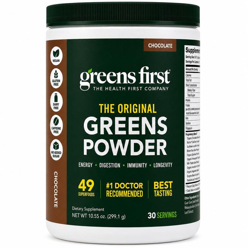 Greens First Original Greens Powder, Chocolate, 30 Servings | 49 Superfoods, Organic Fruits & Veggies, Probiotics & Digestive Enzymes, Antioxidant Smoothie, Dairy Free, Vegan & Non-GMO 30 Serving