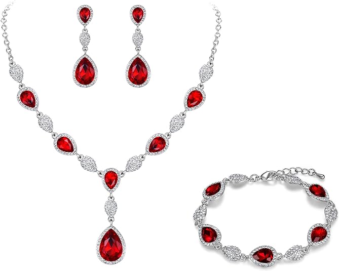 [Australia] - EleQueen Women's Silver-Tone Cubic Zirconia Teardrop Flower Bridal V-Necklace Sets Tennis Bracelet Dangle Earrings Ruby Color 