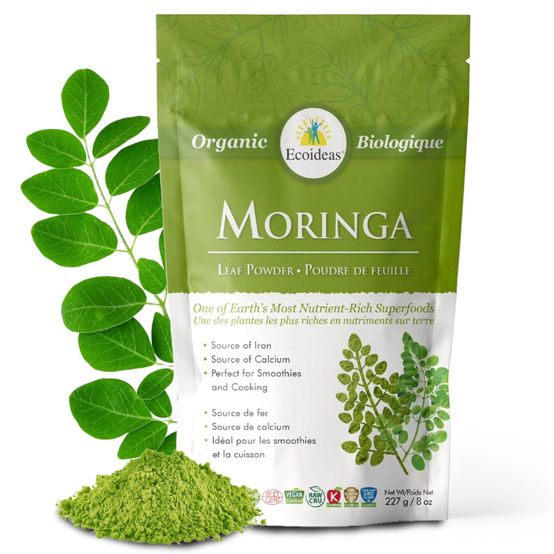 Ecoideas Org. Moringa Powder, 8 OZ Bag - Certified Organic, Kosher, Vegan, Gluten-free, Non-GMO, and RAW CRU 227 Gram
